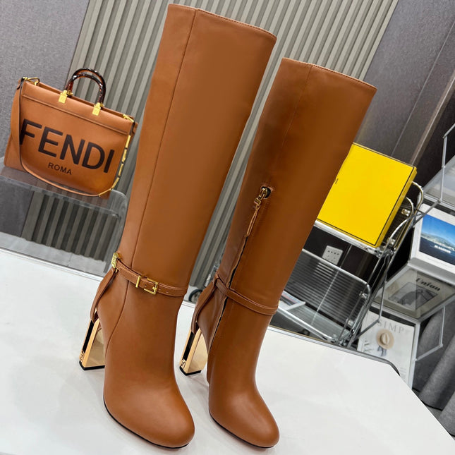 FF HIGH BOOTS IN TAWNY BROWN CALFSKIN GOLD HARDWARE