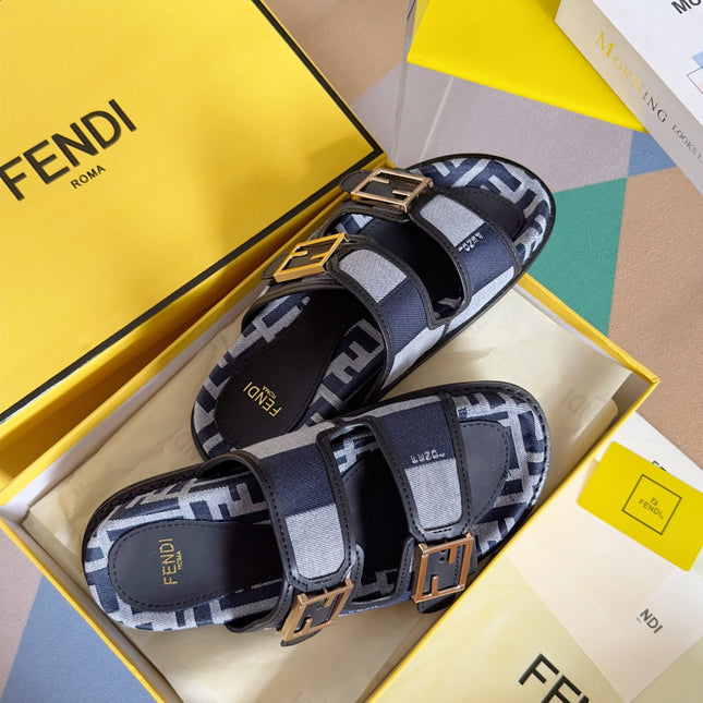 FENDI DAD SANDAL IN NAVY BLUE MIX LIGHT GREY CANVAS WITH GOLD HARDWARE