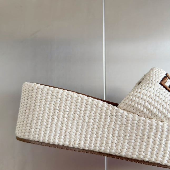 FENDI PLATFORM WEDGES IN WHITE RAFFIA WITH BROWN EMBROIDERED LOGO