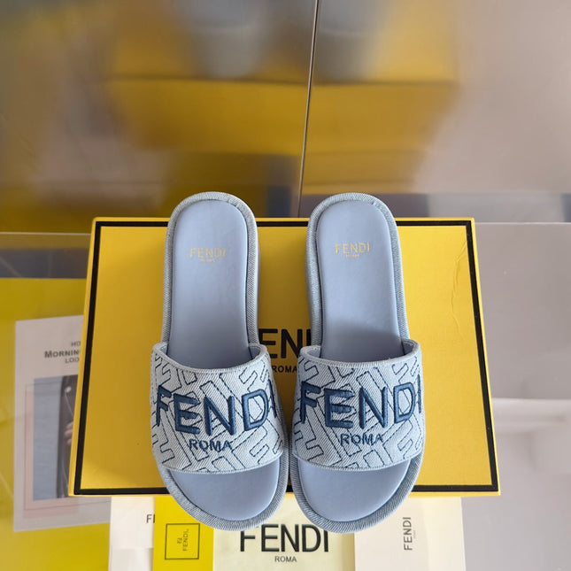 FENDI PLATFORM WEDGES IN PIGEON BLUE JACQUARD FABRIC WITH EMBROIDERED LOGO