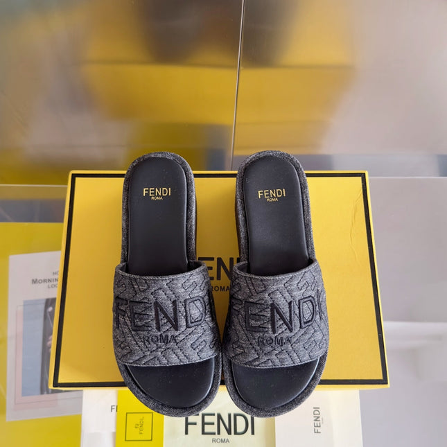 FENDI PLATFORM WEDGES IN BLACK JACUARD FABRIC WITH BLACK EMBROIDERED LOGO