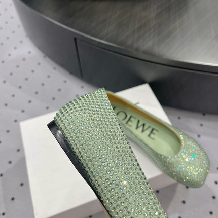 Toy ballerina in suede and allover rhinestones pastel green