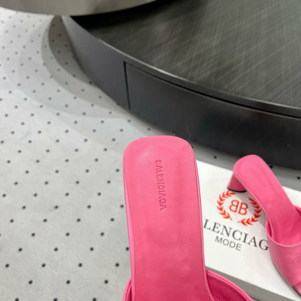 SQUARE-TOE MEDIUM HEEL MULES IN PINK CALFSKIN LOGO EMBOSSED