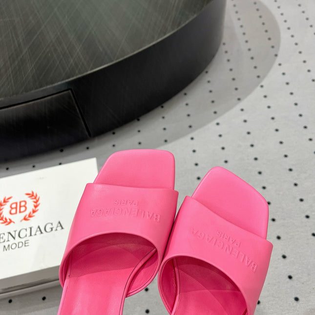 SQUARE-TOE MEDIUM HEEL MULES IN PINK CALFSKIN LOGO EMBOSSED