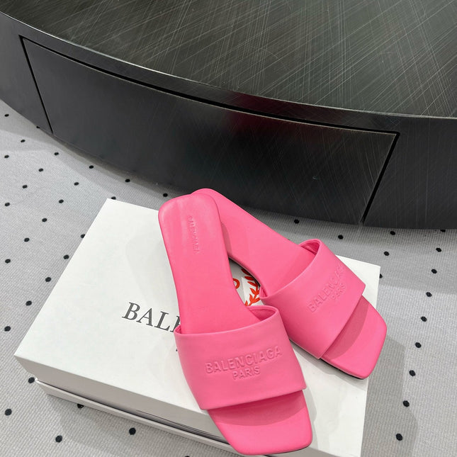 SQUARE-TOE MEDIUM HEEL MULES IN PINK CALFSKIN LOGO EMBOSSED