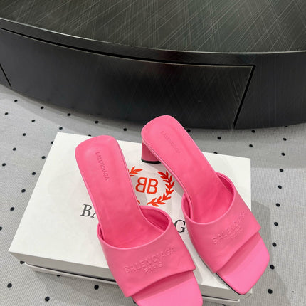 SQUARE-TOE MEDIUM HEEL MULES IN PINK CALFSKIN LOGO EMBOSSED