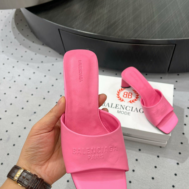 SQUARE-TOE MEDIUM HEEL MULES IN PINK CALFSKIN LOGO EMBOSSED