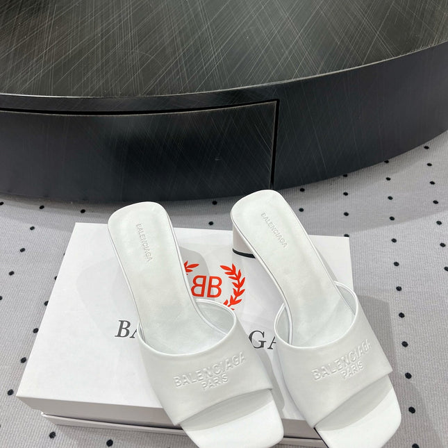 SQUARE-TOE MEDIUM HEEL MULES IN WHITE CALFSKIN LOGO EMBOSSED