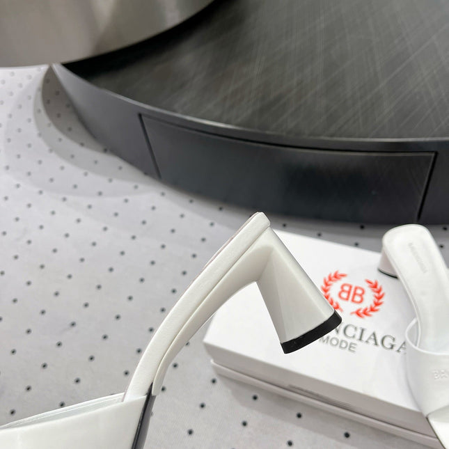 SQUARE-TOE MEDIUM HEEL MULES IN WHITE CALFSKIN LOGO EMBOSSED