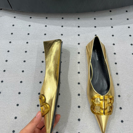 POINTED BB GOLD BUCKLE BALLET FLAT IN GOLD METALLIC SHINY CALFSKIN