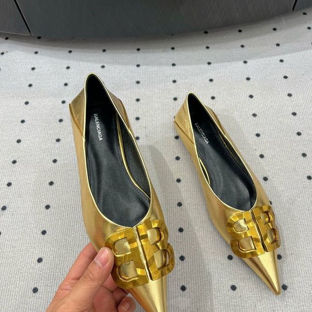 POINTED BB GOLD BUCKLE BALLET FLAT IN GOLD METALLIC SHINY CALFSKIN
