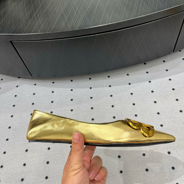 POINTED BB GOLD BUCKLE BALLET FLAT IN GOLD METALLIC SHINY CALFSKIN
