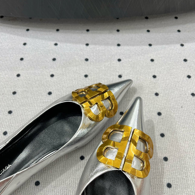 POINTED BB GOLD BUCKLE BALLET FLAT IN SILVER METALLIC SHINY CALFSKIN