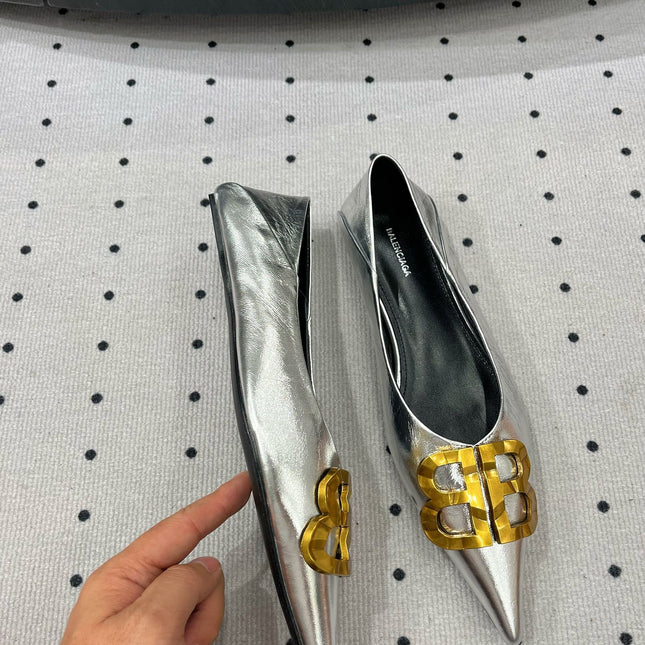 POINTED BB GOLD BUCKLE BALLET FLAT IN SILVER METALLIC SHINY CALFSKIN