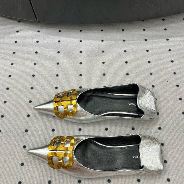 POINTED BB GOLD BUCKLE BALLET FLAT IN SILVER METALLIC SHINY CALFSKIN
