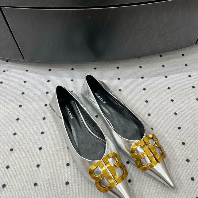 POINTED BB GOLD BUCKLE BALLET FLAT IN SILVER METALLIC SHINY CALFSKIN