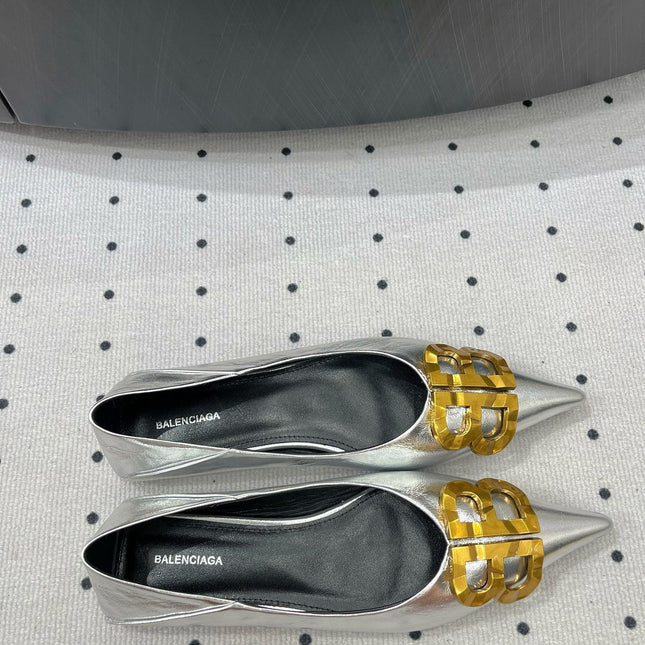 POINTED BB GOLD BUCKLE BALLET FLAT IN SILVER METALLIC SHINY CALFSKIN