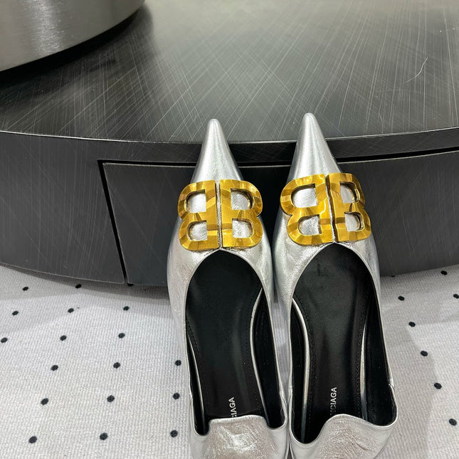 POINTED BB GOLD BUCKLE BALLET FLAT IN SILVER METALLIC SHINY CALFSKIN