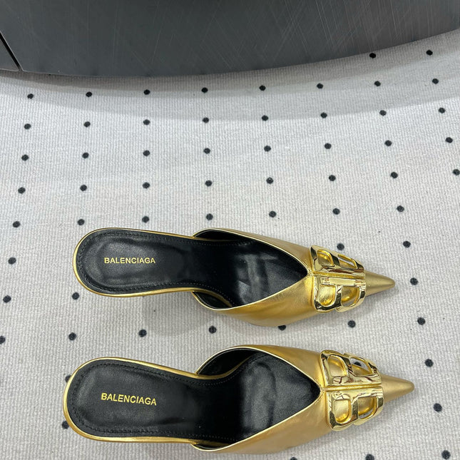 POINTED BB GOLD BUCKLE HEELED SLINGBACK IN GOLD METALLIC SHINY CALFSKIN