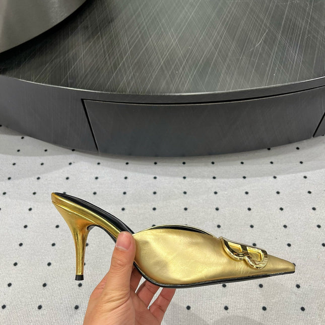 POINTED BB GOLD BUCKLE HEELED SLINGBACK IN GOLD METALLIC SHINY CALFSKIN