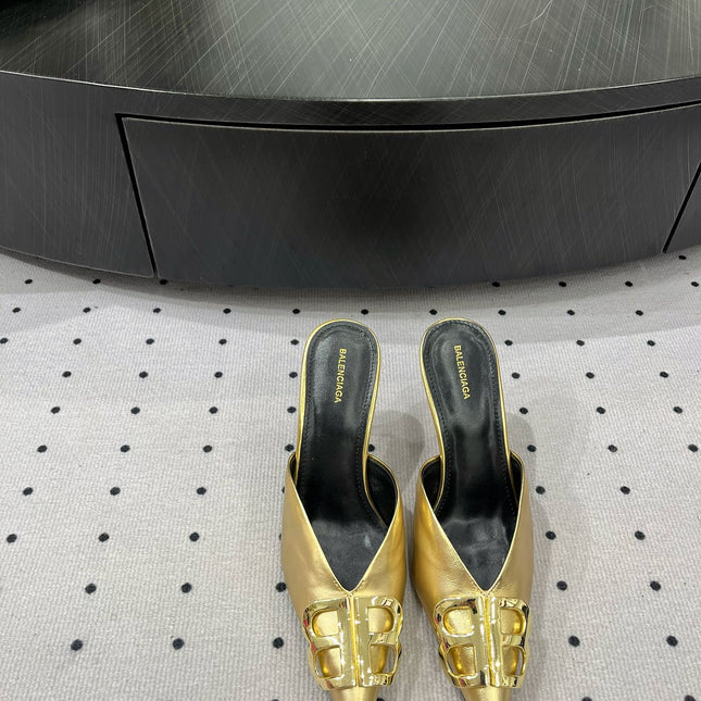 POINTED BB GOLD BUCKLE HEELED SLINGBACK IN GOLD METALLIC SHINY CALFSKIN