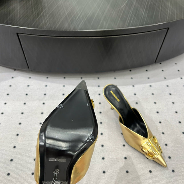 POINTED BB GOLD BUCKLE HEELED SLINGBACK IN GOLD METALLIC SHINY CALFSKIN