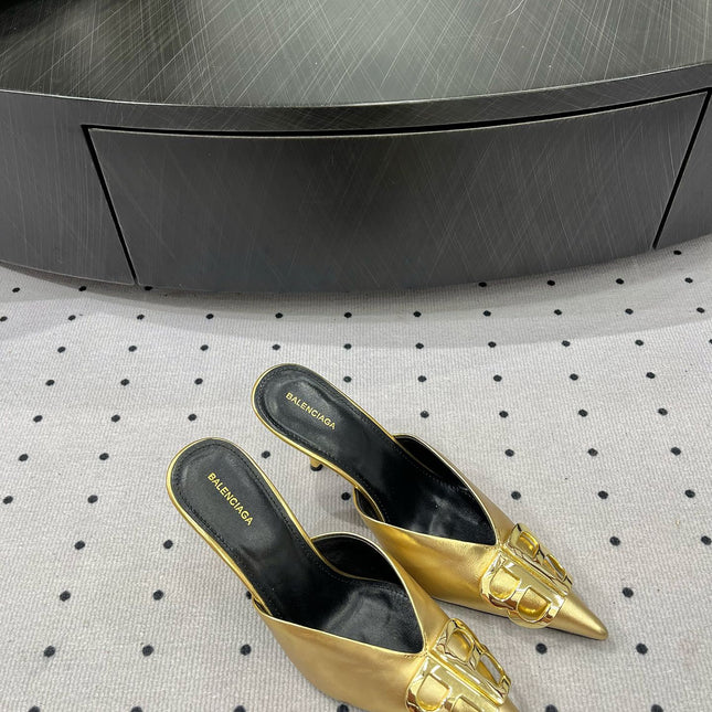 POINTED BB GOLD BUCKLE HEELED SLINGBACK IN GOLD METALLIC SHINY CALFSKIN