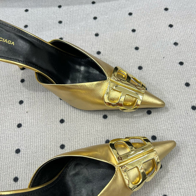 POINTED BB GOLD BUCKLE HEELED SLINGBACK IN GOLD METALLIC SHINY CALFSKIN
