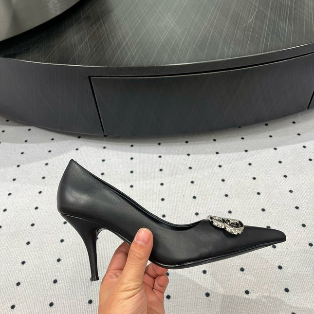 HEELED PUMPS 65 MM IN BLACK SMOOTH LAMBSKIN SILVER HARDWARE