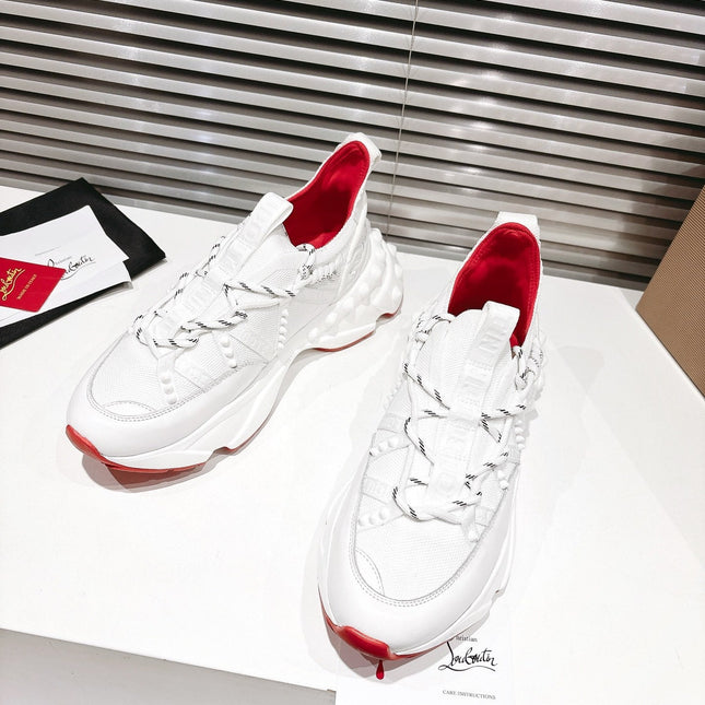 LOUBI CHUNKY SNEAKERS IN WHITE AND RED MESH AND CALFSKIN