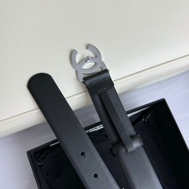 CC BELT 30MM IN BLACK SMOOTH CALFSKIN SILVER HARDWARE ATTACH RHINSTONES