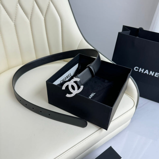 CC BELT 30MM IN BLACK SMOOTH CALFSKIN SILVER HARDWARE ATTACH RHINSTONES
