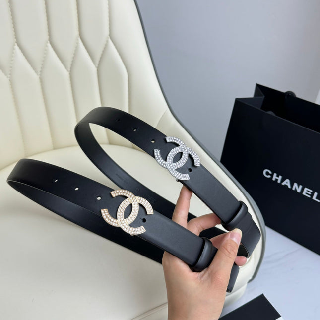 CC BELT 30MM IN BLACK SMOOTH CALFSKIN SILVER HARDWARE ATTACH RHINSTONES