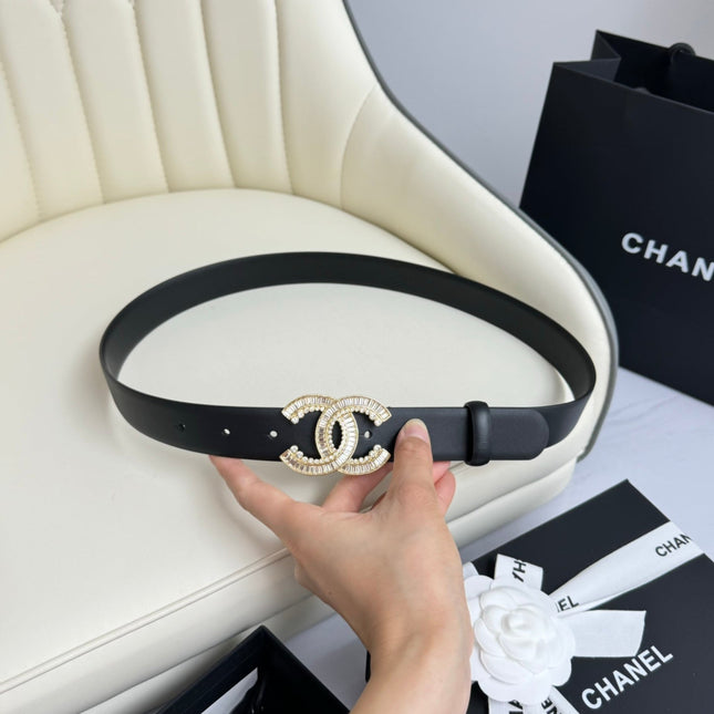 CC BELT 30MM IN BLACK SMOOTH CALFSKIN GOLD HARDWARE ATTACH RHINSTONE