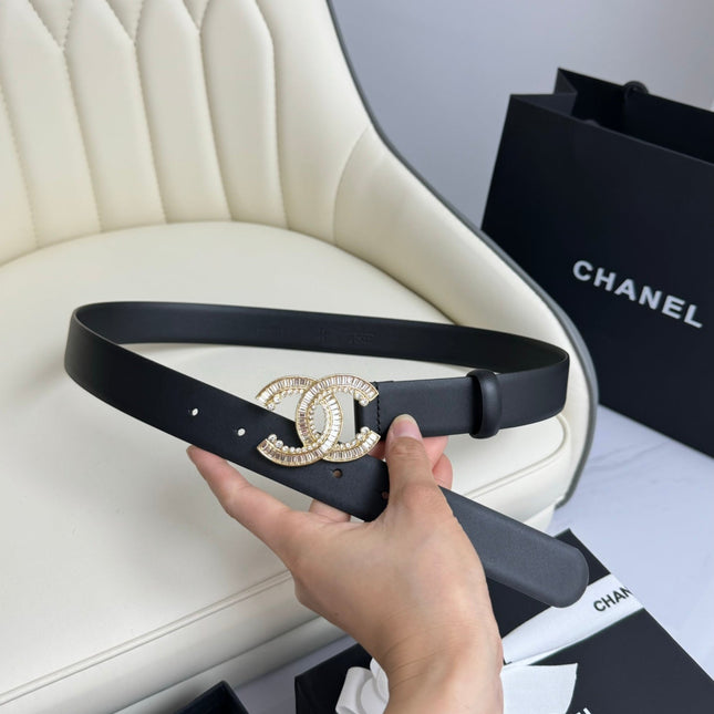 CC BELT 30MM IN BLACK SMOOTH CALFSKIN GOLD HARDWARE ATTACH RHINSTONE