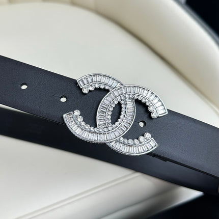 CC BELT 30MM IN BLACK SMOOTH CALFSKIN SILVER HARDWARE ATTACH RHINSTONE