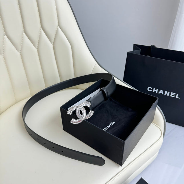 CC BELT 30MM IN BLACK SMOOTH CALFSKIN SILVER HARDWARE ATTACH RHINSTONE
