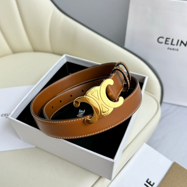 MEDIUM TRIOMPHE BELT 25MM BRONZE BROWN LEATHER GOLD HARDWARE