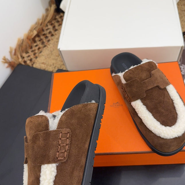 HM 25S MULE IN DARK BROWN SUEDE MIX SHEARLING