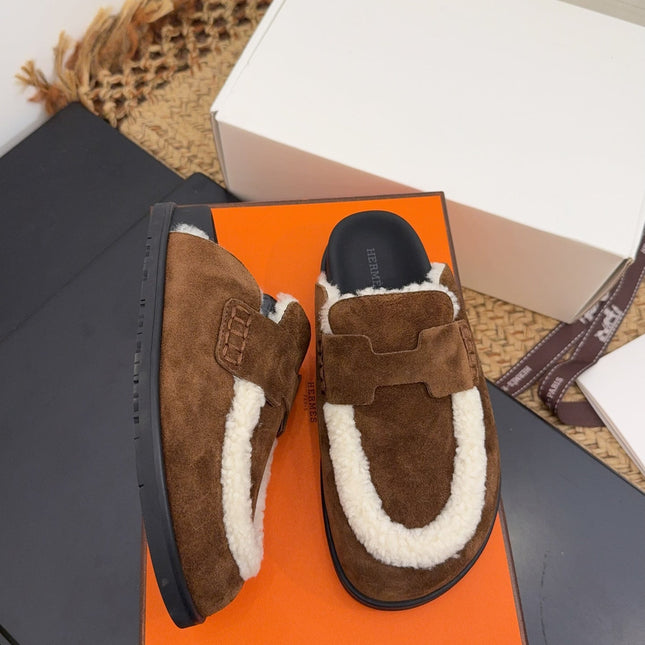 HM 25S MULE IN DARK BROWN SUEDE MIX SHEARLING