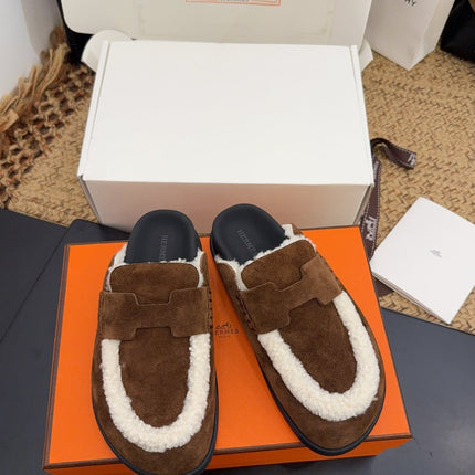 HM 25S MULE IN DARK BROWN SUEDE MIX SHEARLING