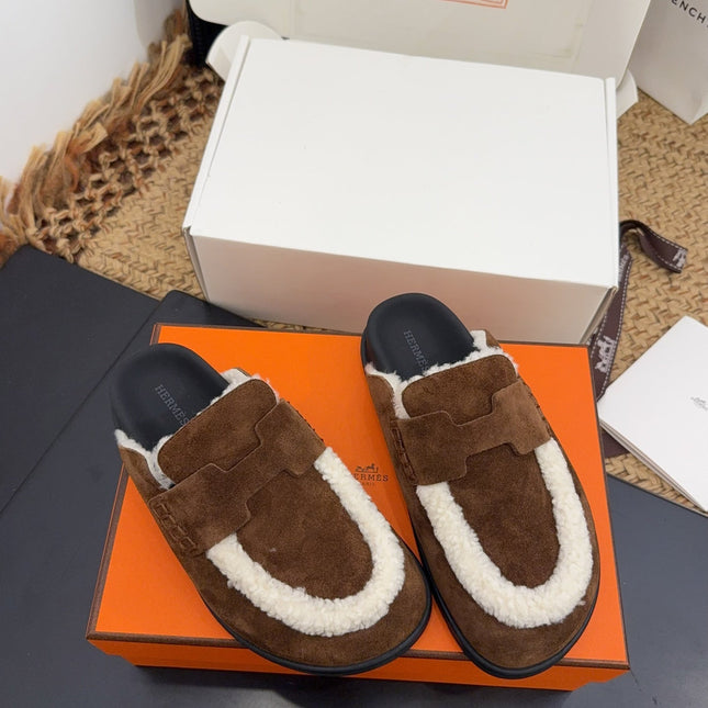 HM 25S MULE IN DARK BROWN SUEDE MIX SHEARLING