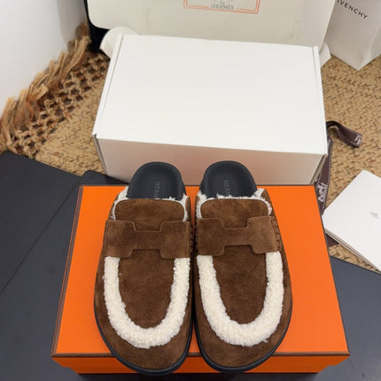 HM 25S MULE IN DARK BROWN SUEDE MIX SHEARLING