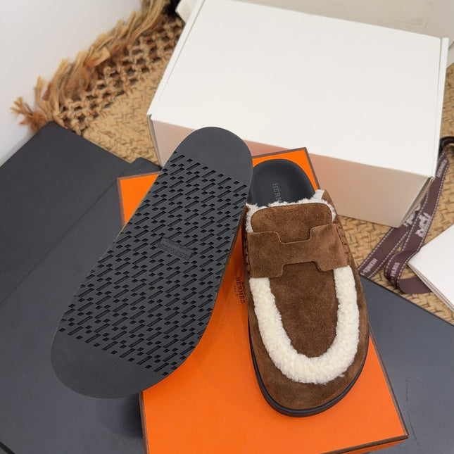 HM 25S MULE IN DARK BROWN SUEDE MIX SHEARLING