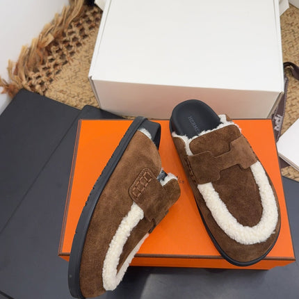 HM 25S MULE IN DARK BROWN SUEDE MIX SHEARLING