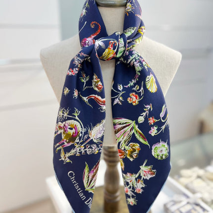 DIOR REVERSIBLE PRINTED SQUARE SCARF 90 CM IN NAVY BLUE SILK 735869