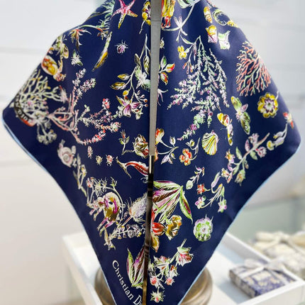 DIOR REVERSIBLE PRINTED SQUARE SCARF 90 CM IN NAVY BLUE SILK 735869