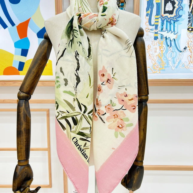 DIOR REVERSIBLE SCARF 140 CM IN CREAM WHITE MIX PINK WOOL-SILK FABRIC 735875