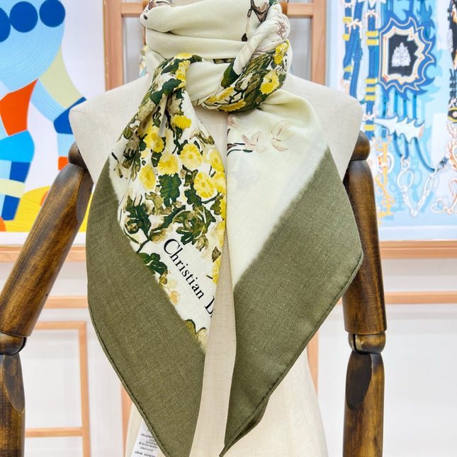 DIOR REVERSIBLE SCARF 140 CM IN CREAM WHITE MIX GREEN WOOL-SILK FABRIC 735876