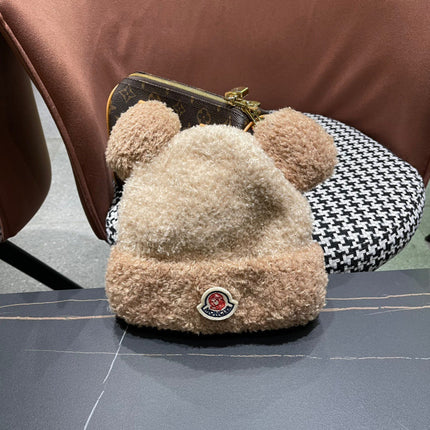 BEANIE HAT IN CAMEL BROWN WOOL AND RABBIT FUR 437685